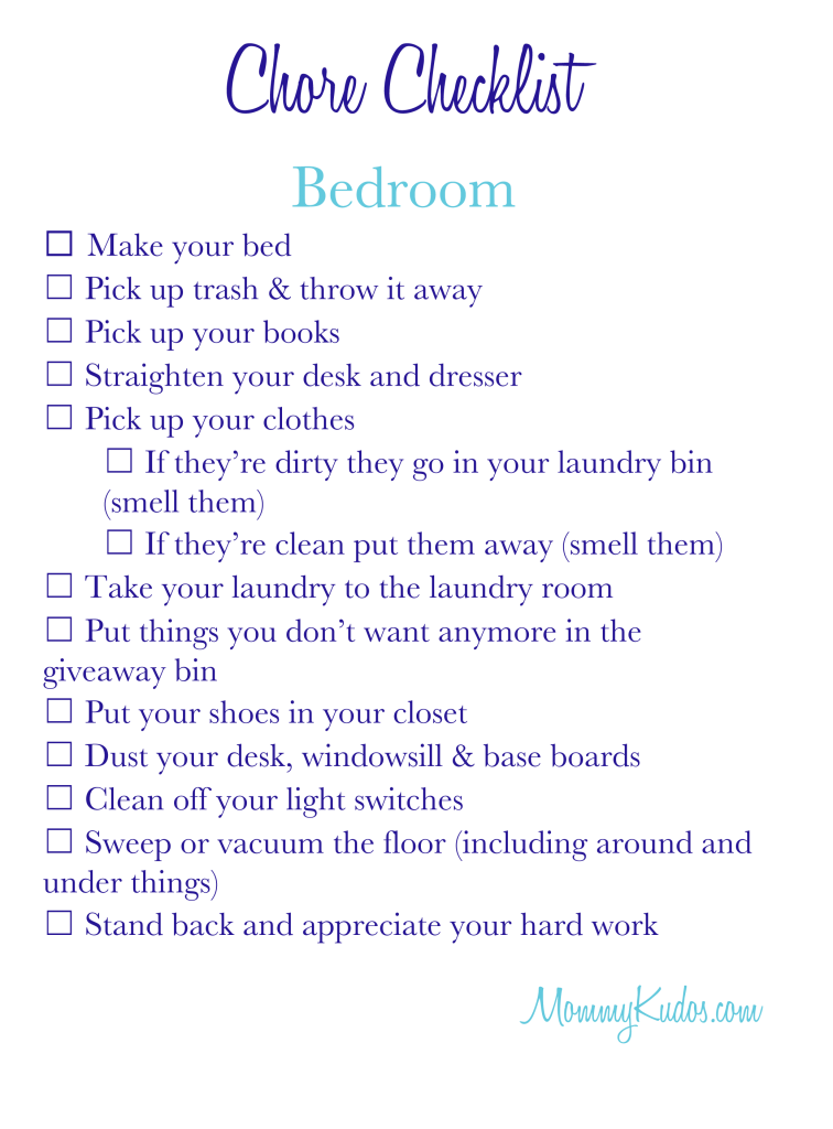 Mommy Kudos Chore Checklist- Tween or Teen Bedroom - Mommy Kudos